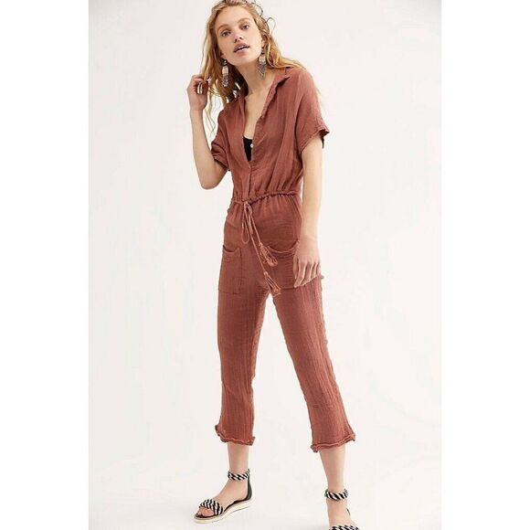 NEW JEN’S PIRATE BOOTY Sz S BASIL GAUZE CROPPED JUMPSUIT ONE PIECE JUMPER RUST - Picture 3 of 3